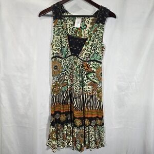 Forbidden Womans Small Dress Y2k‎ Green Colorful Floral Beaded Sleeveless Boho